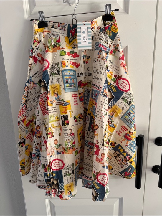 Tulip B Dresses & Skirts - Retro Print A-Line Skirt in Cream with Multi-Color Vintage Ads size small